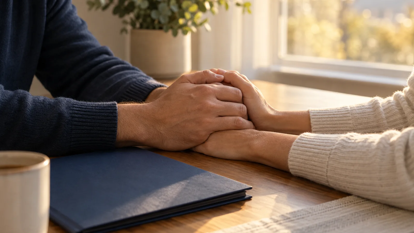 Two adults holding hands beside a document folder.
