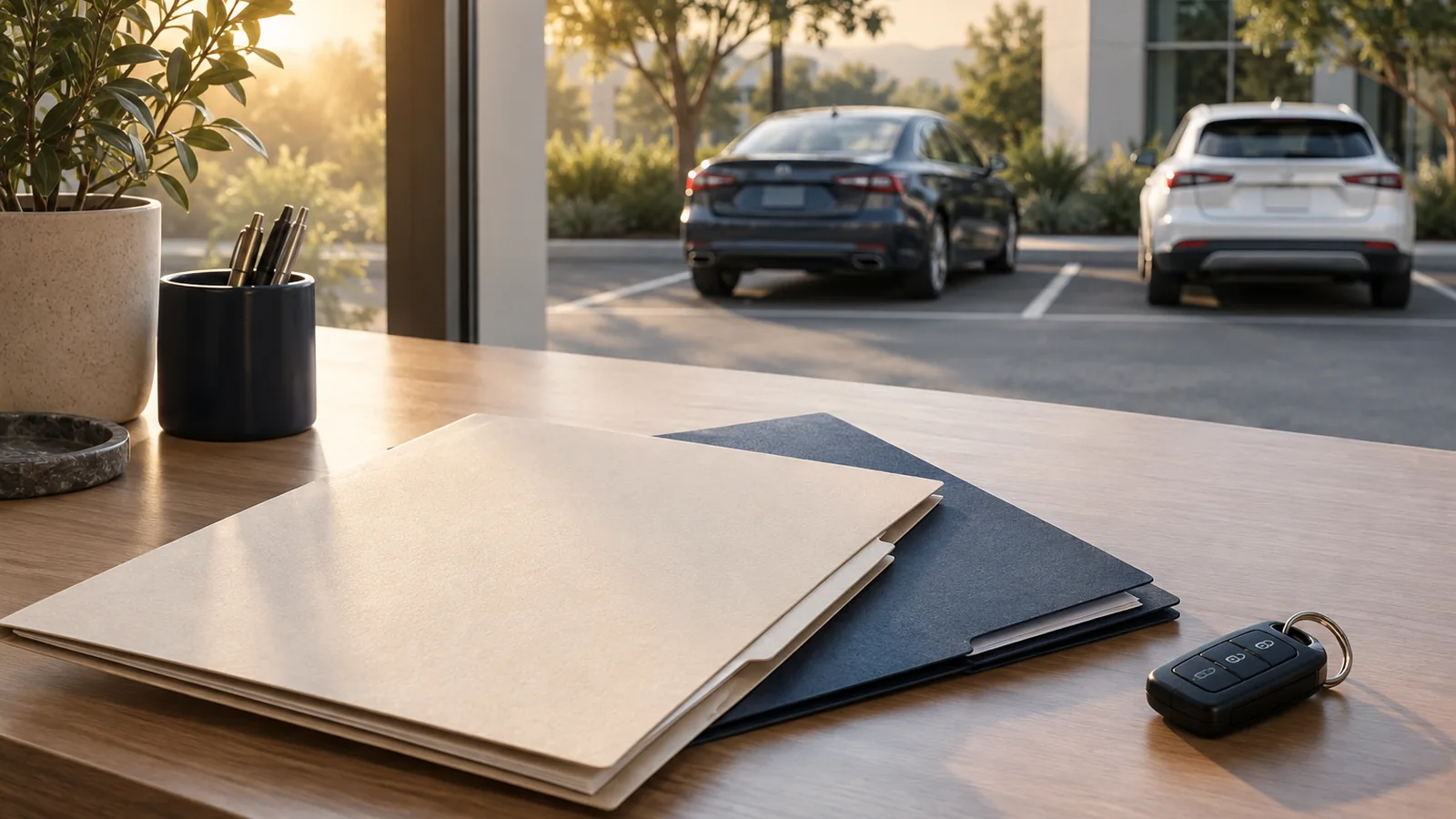 Insurance folders and car keys with parked vehicles in the background.